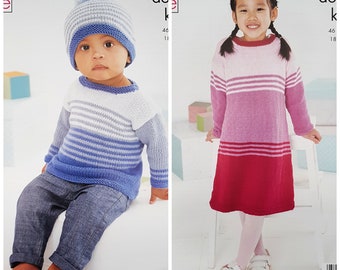 Easy Knitting Pattern K5919 Babies and Children's Easy Knit Striped Hat, Dress and Jumper Knitting Pattern DK (Light Worsted) King Cole