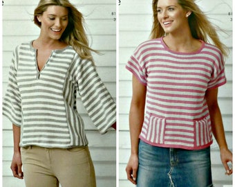 Womens Knitting Pattern K3526 Ladies 3/4 Loose Sleeve and Short Sleeve Striped Jumper Knitting Pattern DK (Light Worsted) King Cole