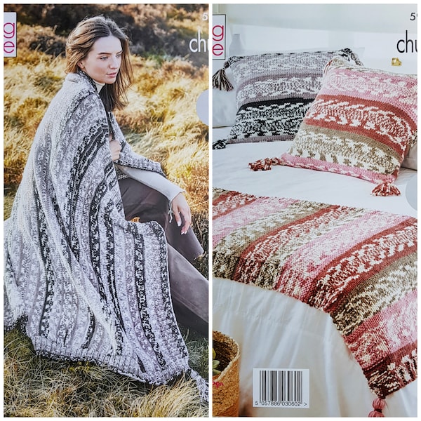 Blanket Knitting Pattern K5909 Easy Knit Blanket/Throw, Cushion and Bed Runner Knitting Pattern Chunky (Bulky) King Cole