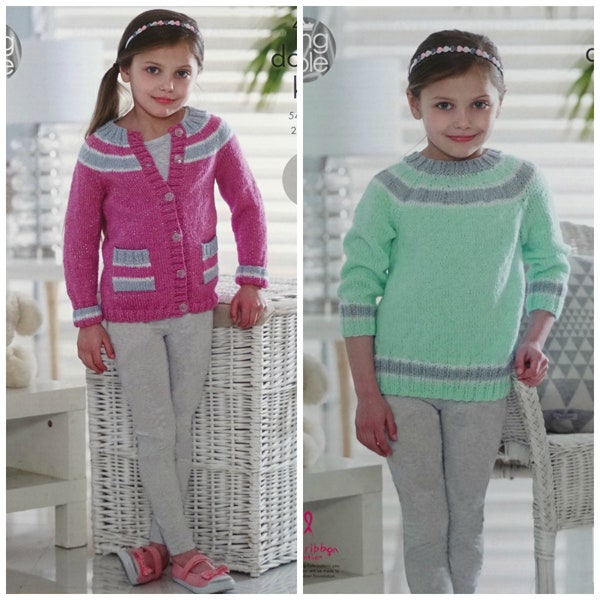 Girls Knitting Pattern K4952 Girls Long Sleeve Round Neck Stripe Yoke Jumper and Cardigan Knitting Pattern DK (Light Worsted) King Cole