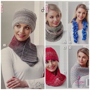 Womens Crochet Pattern C5242 Ladies Easy Hat Scarves Cowls and Short Lace Wrap Crochet Pattern Chunky (Bulky) King Cole