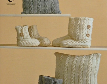 Cushion Knitting Pattern K3471 Childrens/Adults Hug Boot Slippers and and Cable Cushion Knitting Pattern Aran (Fisherman) King Cole