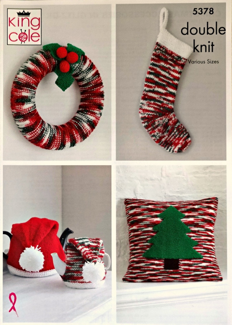 Christmas Knitting Pattern K5378 Knitted Christmas Accessories Wreath Tea Cosy Cushion Knitting Pattern Chunky Light Worsted Bulky Kc