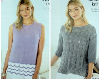 Womens Knitting Pattern K5622 Ladies 3/4 Sleeve, Lace Jumper and Sleeveless Deep Lace Hem Top Knitting Pattern DK (Light Worsted) King Cole