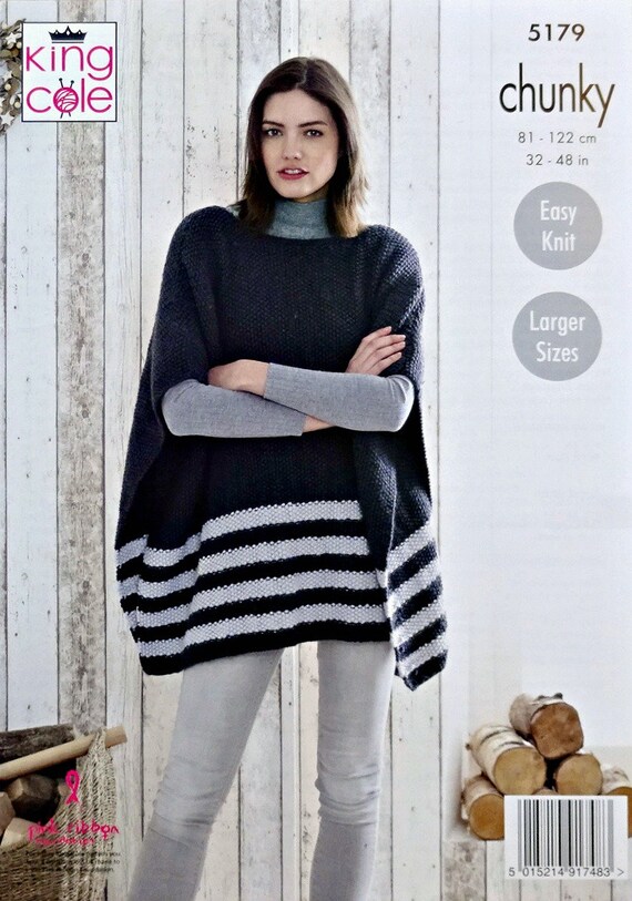 Easy Knit Boat or Cowl Neck Poncho Womens Chunky Knitting Pattern King Cole 5179