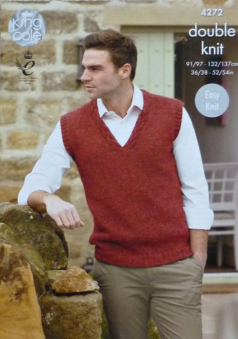 Mens Knitting Pattern K4272 Mens Easy Knit Sleeveless or Long Sleeve V
