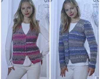 Womens Knitting Pattern K5053 Ladies V-Neck Rib Cable Cardigan and Waistcoat Knitting Pattern Chunky (Bulky) King Cole