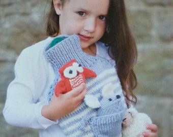 Childrens Knitting Pattern W5849 Striped Hot Water Bottle Cover and Toy Animals Knitting Pattern Chunky (Bulky) Wendy