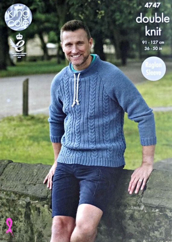 KNITTING PATTERN Mens Round or Drawstring Neck Cable Jumper DK King Cole 4747