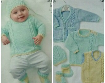 Baby Knitting Pattern K3319 Babies Cardigan Jumpers, Hat & Bootees Knitting Pattern DK (Light Worsted) King Cole