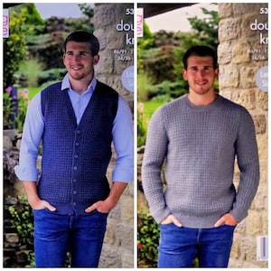 Mens Knitting Pattern K5366 Mens Long Sleeve Round Neck Textured Jumper and Waistcoat Knitting Pattern DK (Light Worsted) King Cole