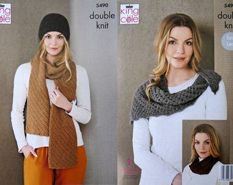 Womens Knitting Pattern K5490 Ladies Textured Long Scarf, Beanie Hat, Cowl and Short Wrap Knitting Pattern DK (Light Worsted) King Cole