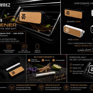 Könnte beinhalten: Ein rechteckiger Auto-Lufterfrischer mit Lüftungsclip und PR7NTWRKZ-Logo. Das Gerät ist modular aufgebaut und verfügt über einen austauschbaren Duftträger. Erhältlich in schwarzen oder weißen Rahmen mit Eichenholz- oder einfarbigen Einsätzen.