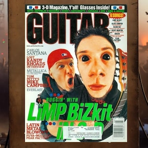 Può includere: Una copertina della rivista Guitar con i Limp Bizkit, con la scritta "BUGGIN' WITH LIMP BIZKIT" in verde. La copertina include anche il testo "3-D Magazine, Y'all! Glasses Inside!" e un elenco di artisti.