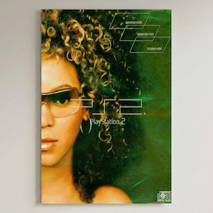 Puede incluir: Un póster con una mujer con pelo rizado y gafas de sol, con el texto "PS2 PlayStation 2" y las palabras "Wherever, Whenever, Forever". El fondo es un degradado de verde.
