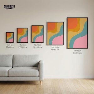 May include: A collection of framed abstract art prints in various sizes, ranging from 5x7 inches to 24x36 inches. Each print features a colorful design with orange, yellow, teal, and pink wavy shapes. The prints are displayed on a beige wall.