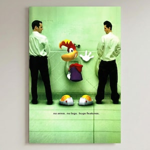 May include: A humorous poster featuring a cartoon character's head, hand, and clothing elements in a bathroom setting. The image includes two men in white shirts and black pants. The text at the bottom reads, "no arms. no legs. huge features."