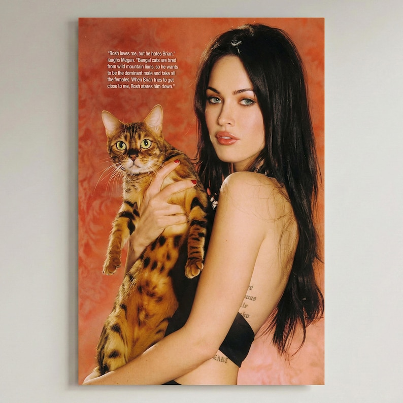 May include: A framed print featuring a woman holding a Bengal cat. The cat has a spotted coat with dark stripes. The woman has long dark hair and is wearing a black top. Text on the print reads: "Rosh loves me, but he hates Brian..."