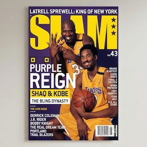 May include: A magazine cover featuring Shaquille O'Neal and Kobe Bryant in Lakers uniforms. The cover has a purple and yellow color scheme with the text "SLAM" in large yellow letters. The headline reads "Purple Reign" and "Shaq & Kobe".