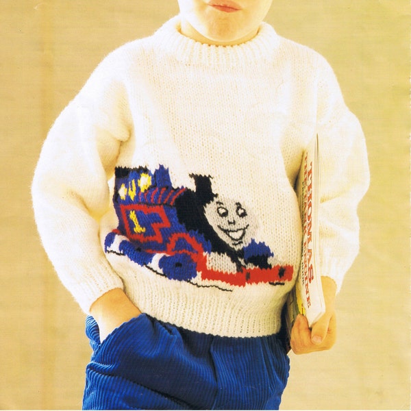 Thomas Tank Engine Intarsia Sweater PDF knitting Pattern in white yarn featuring Thomas To fit Chest 22" ~ 30"