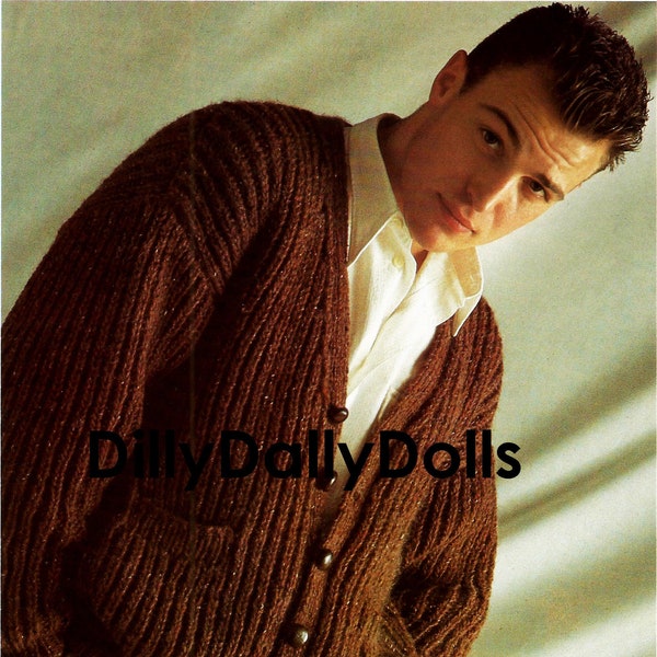 Man's loose fit, chunky knit, button front rib cardigan pattern with pockets - 38"-44" chest - INTERMEDIATE KNITTER