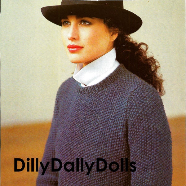 Woman's Vintage Moss-stitch, Crew-neck Sweater knitting Pattern from 1981 - to fit 32" To 36" Bust  - BEGINNER