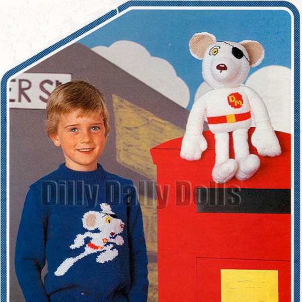 Danger Mouse Intarsia/picture sweater and Toy knitting Pattern in sizes 24”– 30”