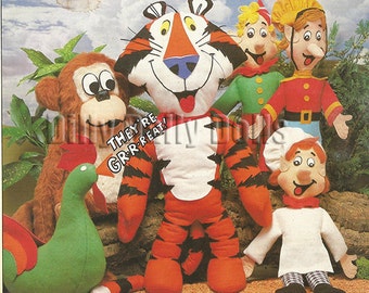 Vintage sewing pattern for Kelloggs Tony the Tiger, Coco Monkey, Snap, Crackle and Pop and the  the cockerel