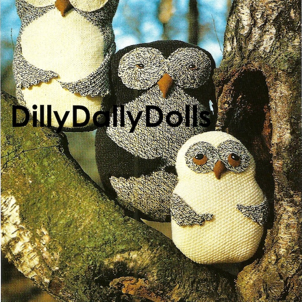 Vintage 1980's Owl Toy/Cushion knitting pattern measures approx 32cm, 40cm and 45cm tall
