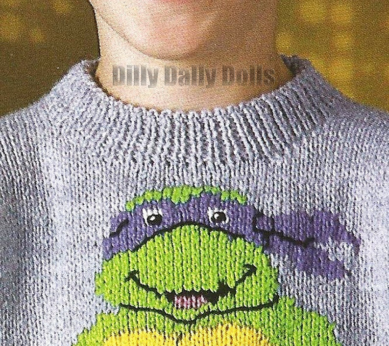 Donatello Teenage Mutant Hero Turtles sweater knitting Pattern in Double Knit yarn to fit 26 to 40 inch chest