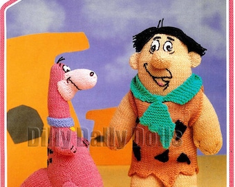 Vintage Fred Flintstone and Dino the Dinosaur Toy DIGITAL PDF knitting Pattern in DK yarn - Skills Level - Intermediate