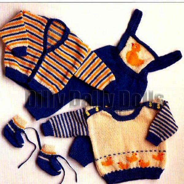 Duck motif Jumper plus Dungarees, cardigan and Booties knitting pattern for baby 3 to 9 month (16" -20") chest