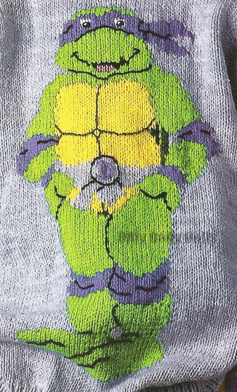 Donatello Teenage Mutant Hero Turtles sweater knitting Pattern in Double Knit yarn to fit 26 to 40 inch chest