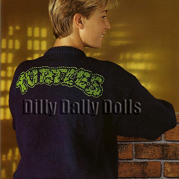 Teenage Mutant Hero Turtles sweater knitting Pattern with the word "Turtle" written across back in DK yarn to fit 26 to 40 inch chest
