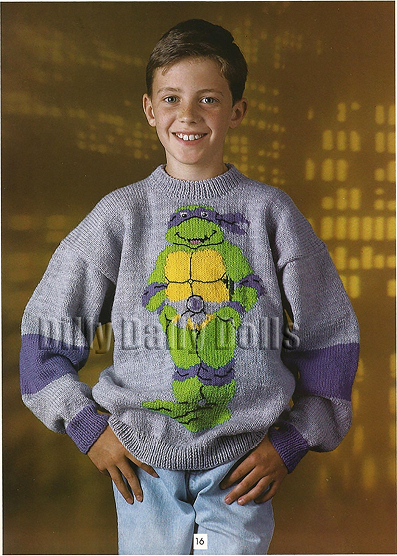 Donatello Teenage Mutant Hero Turtles sweater knitting Pattern in Double Knit yarn to fit 26 to 40 inch chest