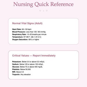 Puede incluir: Guía de referencia rosa y blanca titulada "Nursing Quick Reference". Incluye signos vitales normales en adultos como la frecuencia cardíaca, la presión arterial y la temperatura en grados Celsius. También enumera valores críticos que deben informarse de inmediato.