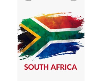 Póster de la bandera de Sudáfrica 2026 con motivo de la celebración internacional del fútbol. Diseño vertical con pinceladas, detalles vívidos y de calidad museística.