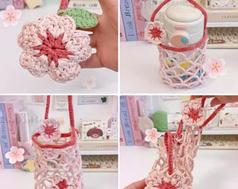 Cherry Blossom Crochet Bottle Holder, Handmade Water Bottle Carry Bag, 2in1 Design