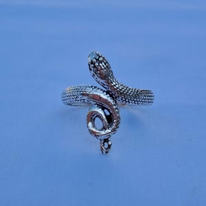 Puede incluir: Un anillo de metal plateado con forma de serpiente enroscada. La superficie del anillo presenta un patrón texturizado similar a escamas en todo el cuerpo y la cabeza de la serpiente, con áreas hundidas oscurecidas para resaltar el diseño.