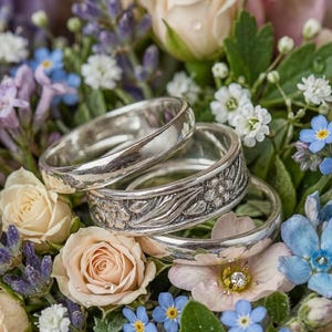 Handgjorda stapelringar i 925 sterlingsilver med blommönster