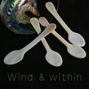 Puede incluir: Cinco cucharas de nácar dispuestas sobre una superficie negra, con una concha de abulón brillante en el fondo. Las cucharas tienen un brillo nacarado. El texto "Wind & within" está en la parte inferior de la imagen.