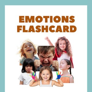 May include: An emotions flashcard featuring images of children expressing various feelings. The card includes the text "EMOTIONS FLASHCARD" in brown letters at the top, with additional text in Chinese characters and pinyin at the bottom.