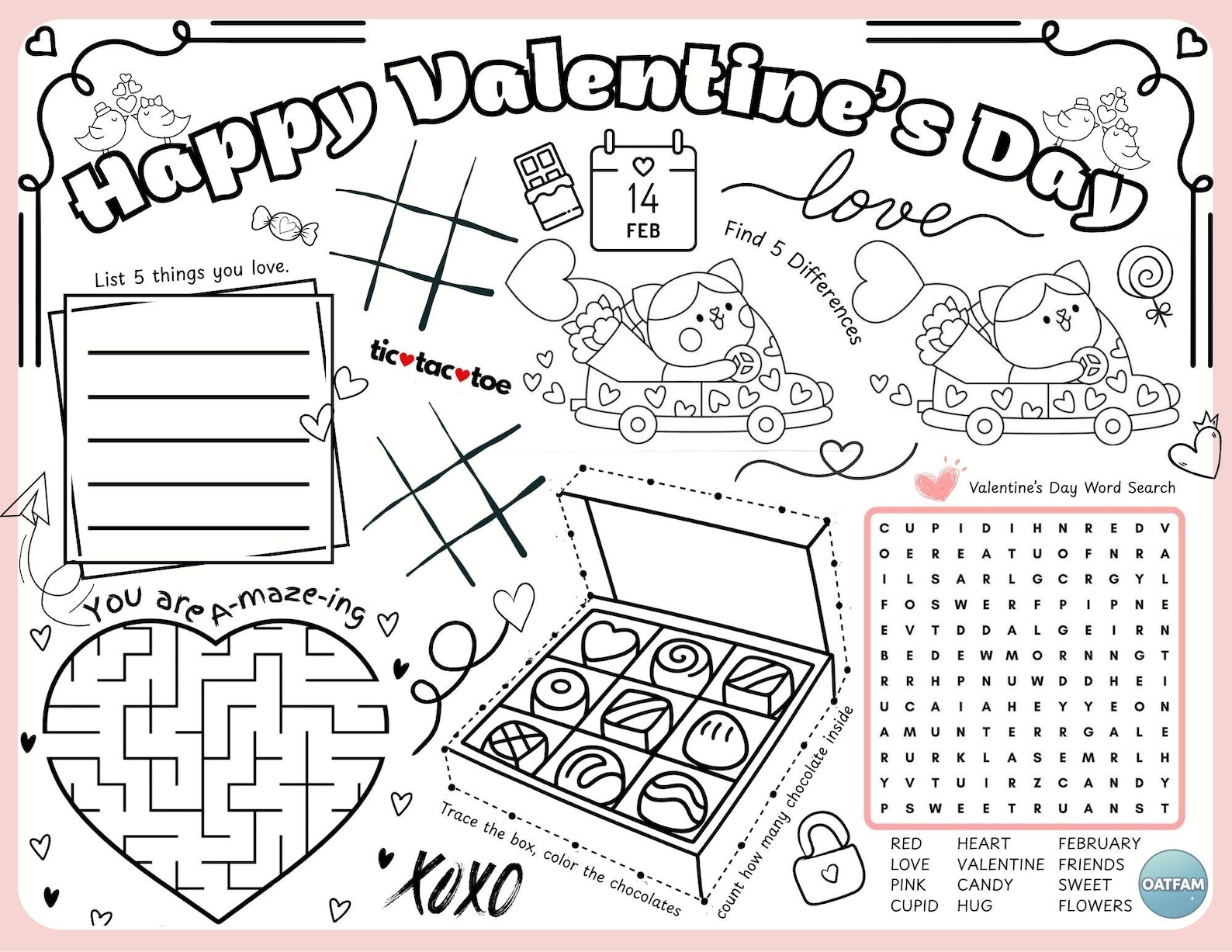 Valentine Kids Activity Placemat Printable : Maze, Word Search (digital ...