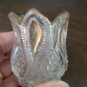 May include: A clear, tulip-shaped glass bud vase. The vase has a textured, diamond-like pattern on the exterior and a smooth, gold-toned interior. The rim has a scalloped edge. The vase is held by a hand.
