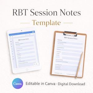 Puede incluir: Una plantilla digital para las notas de la sesión RBT, que se muestra en una tableta blanca y una carpeta marrón. La carpeta tiene un clip plateado. El texto "RBT Session Notes Template" está en la parte superior. El logotipo de Canva y el texto "Editable in Canva - Digital Download" están en la parte inferior.