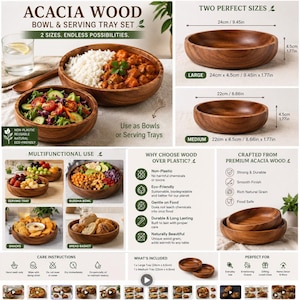 May include: A set of two round acacia wood bowls and serving trays. The large bowl measures 24cm by 4.5cm and the medium bowl measures 22cm by 4.5cm. The set features a rich natural wood grain, smooth finish, and is designed for food service.