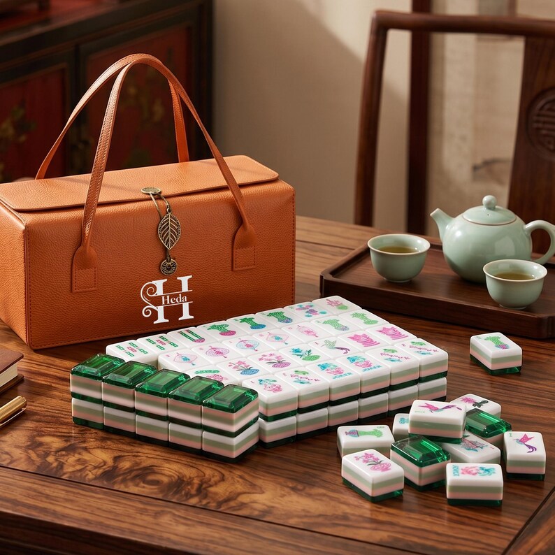 May include: A mahjong set featuring white tiles with colorful floral and bird illustrations, stacked in a rectangular formation, accompanied by a tan leather-textured carrying case with a leaf-shaped charm and the white text Heda printed on the front.