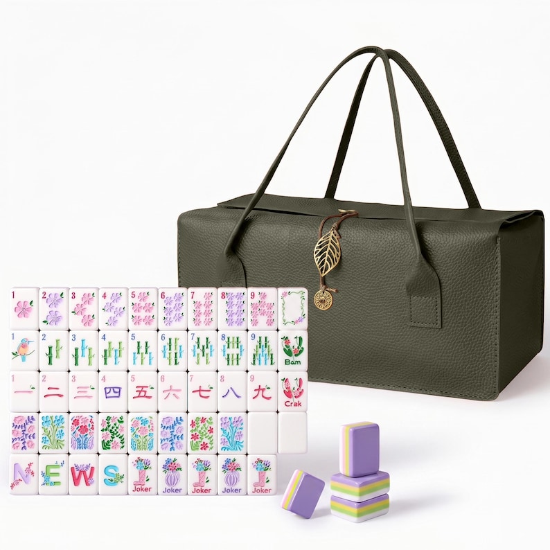 American Mahjong with Portable Case– 160-Tile NMJL Standard Set Featuring "Purple Boot" Theme Jokers | Elegant Luxury Game Night Gift Mahjong &green bag