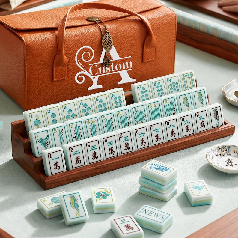 Puede incluir: Un juego de mahjong con fichas blancas que presentan ilustraciones verdes y negras, n&uacute;meros y caracteres chinos, dispuestas en un soporte de madera. Detr&aacute;s de las fichas hay un estuche de transporte naranja con una letra A blanca y la palabra Custom.
