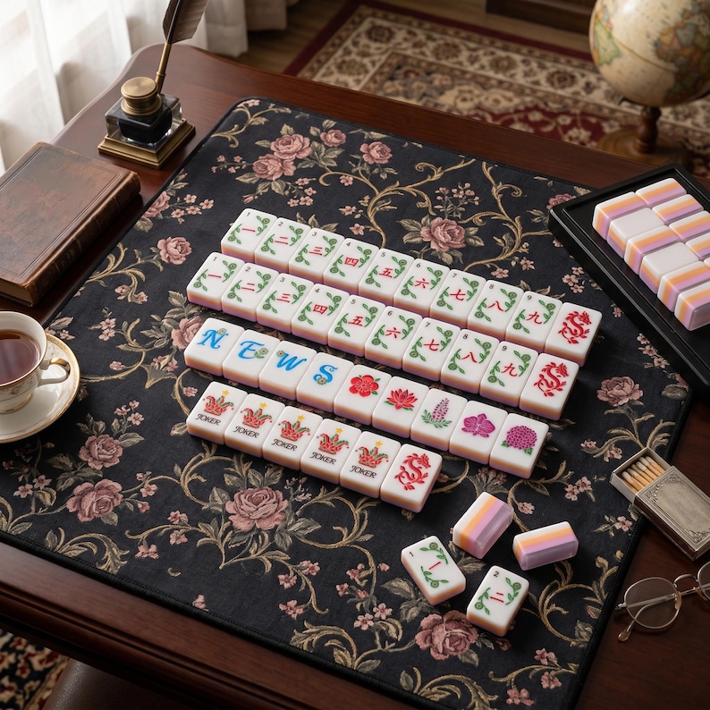 K&ouml;nnte beinhalten: Ein Set aus Mahjong-Spielsteinen, angeordnet auf einer schwarzen Stoffmatte mit Blumenmuster. Die Steine zeigen rote, gr&uuml;ne und blaue Schriftzeichen, Zahlen und Symbole, darunter das Wort NEWS, Joker-Steine und Drachenmotive, sowie einige lose Steine.